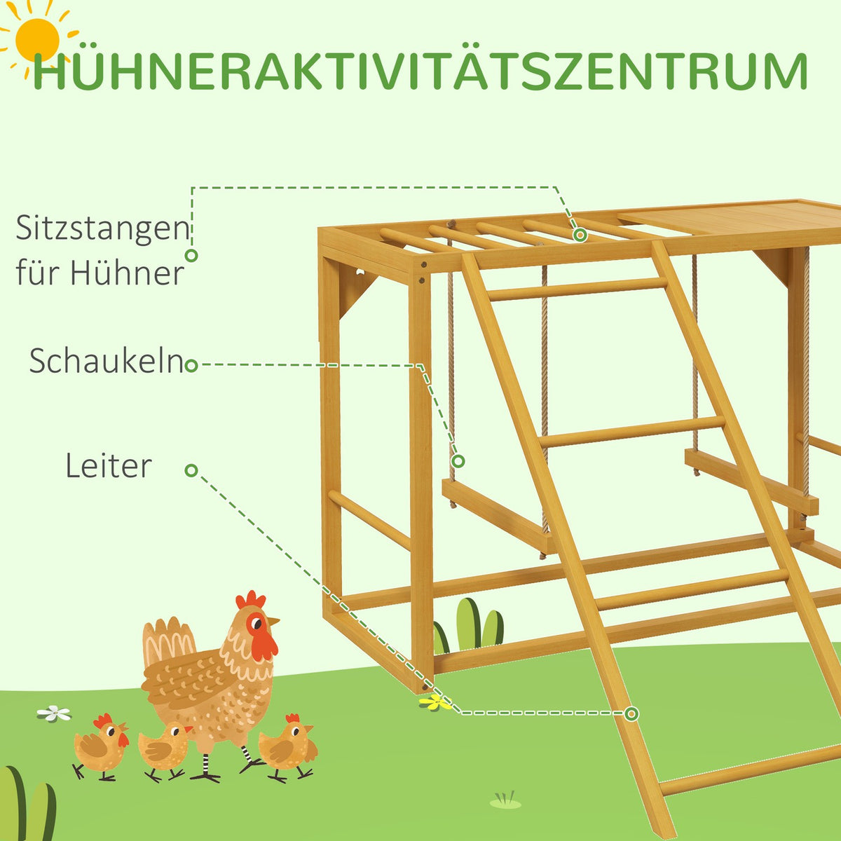 Chicken play frame made of wood, playground for chickens with swings and ladder chicken climbing frame for 3-4 chickens natural wood