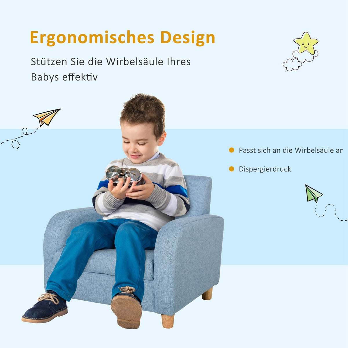 Children'S Armchair Children'S Sofa With Thick Foam & Seat Cushion, Anti-Slip Feet, Blue, 49X45X44.5Cm