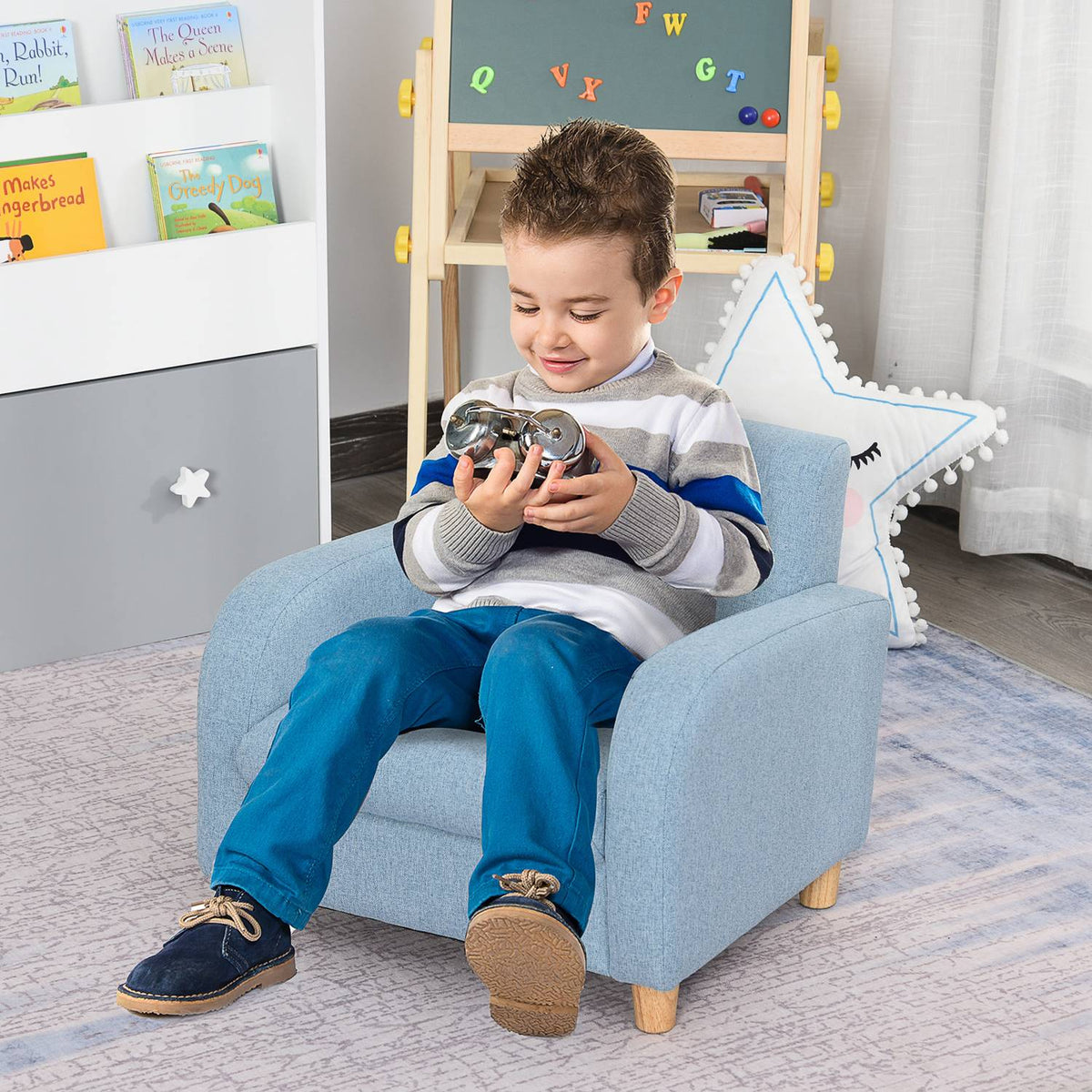 Children'S Armchair Children'S Sofa With Thick Foam & Seat Cushion, Anti-Slip Feet, Blue, 49X45X44.5Cm