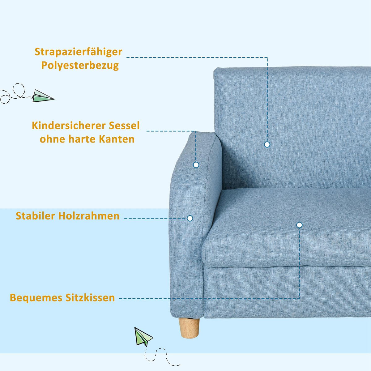 Children'S Armchair Children'S Sofa With Thick Foam & Seat Cushion, Anti-Slip Feet, Blue, 49X45X44.5Cm