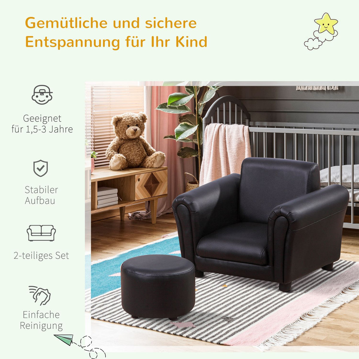 Children'S Armchair With Footstool Children'S Couch In Black, Mini Sofa For 3-7 Years, Wood, 54X42X41Cm