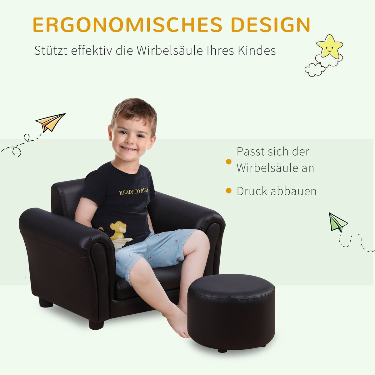 Children'S Armchair With Footstool Children'S Couch In Black, Mini Sofa For 3-7 Years, Wood, 54X42X41Cm