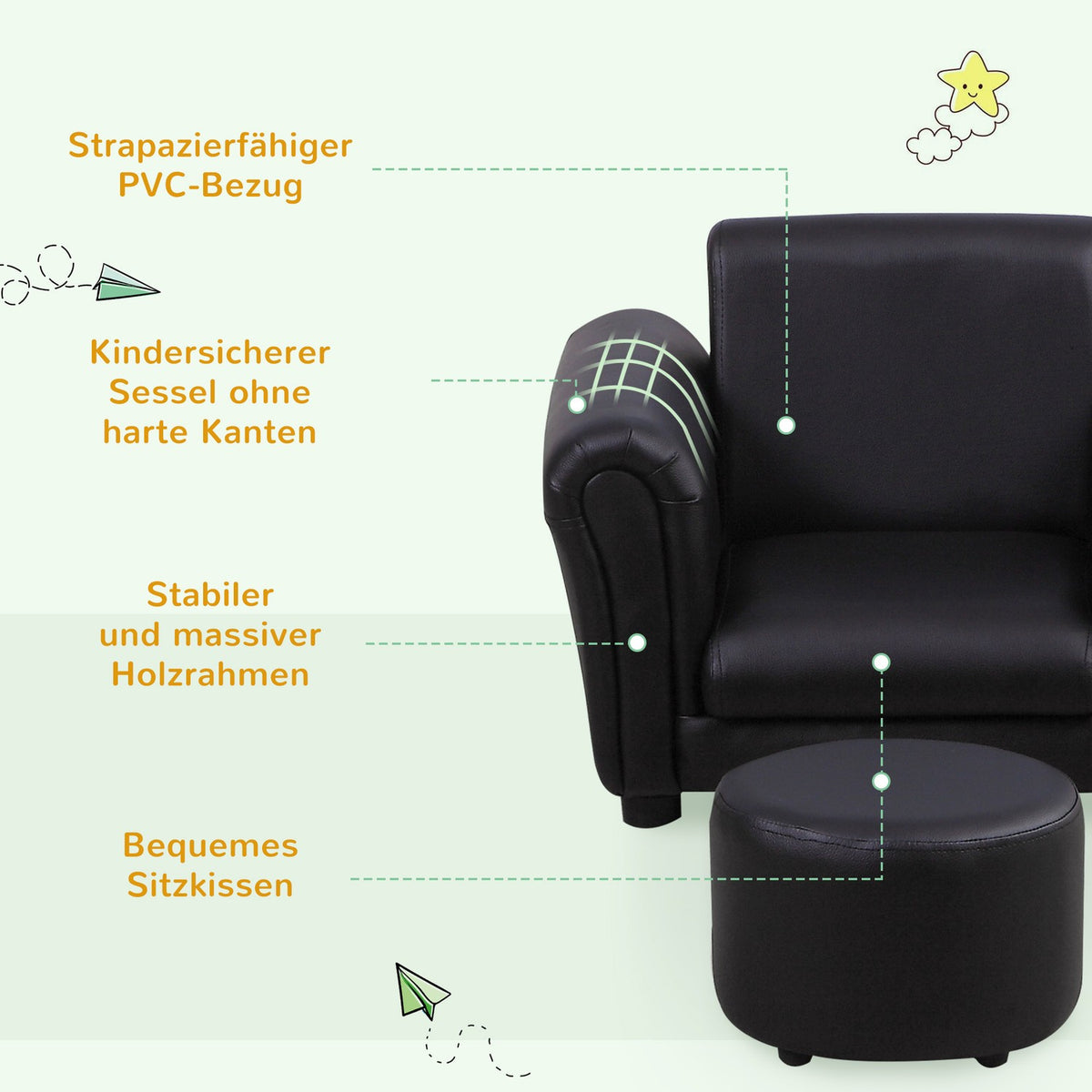 Children'S Armchair With Footstool Children'S Couch In Black, Mini Sofa For 3-7 Years, Wood, 54X42X41Cm
