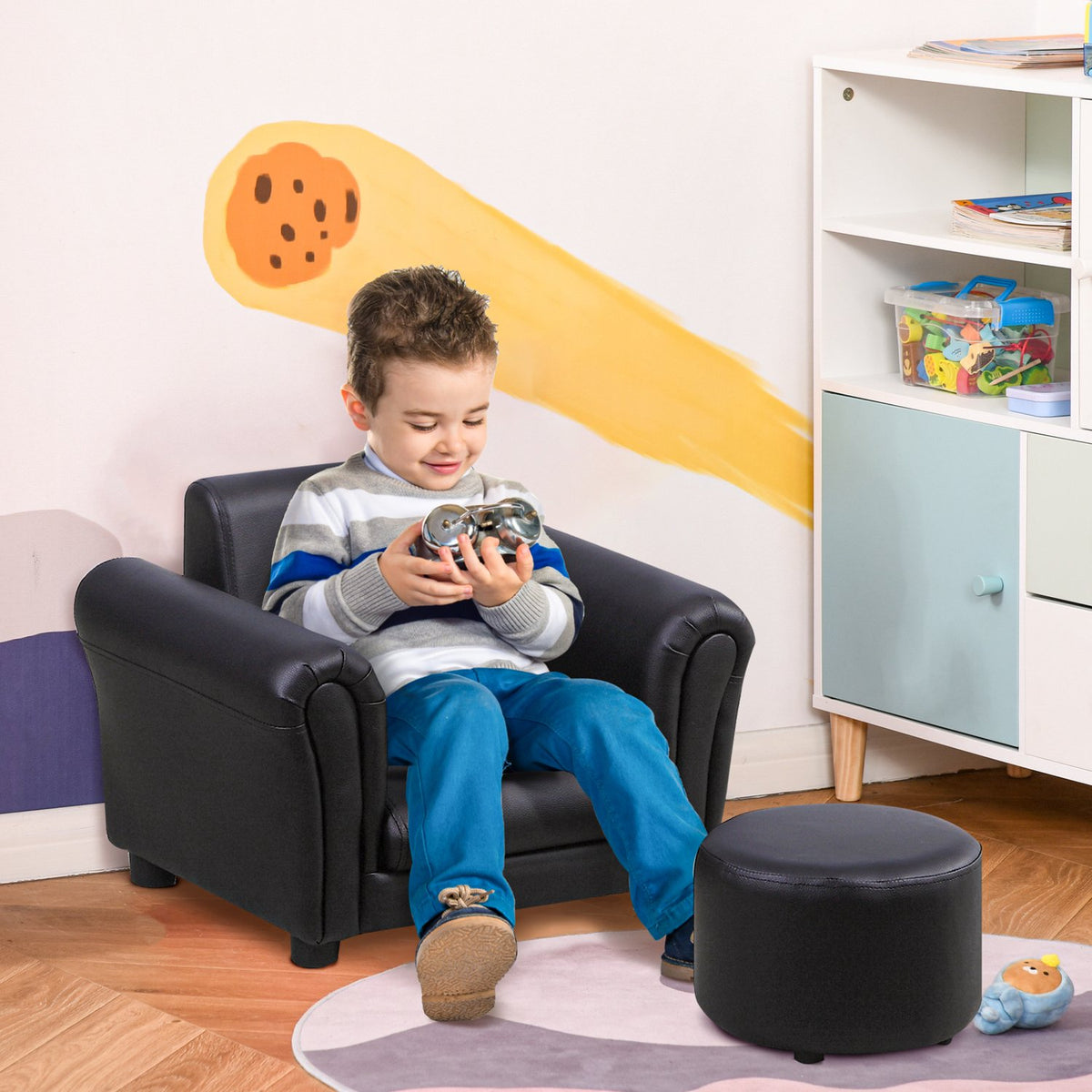 Children'S Armchair With Footstool Children'S Couch In Black, Mini Sofa For 3-7 Years, Wood, 54X42X41Cm