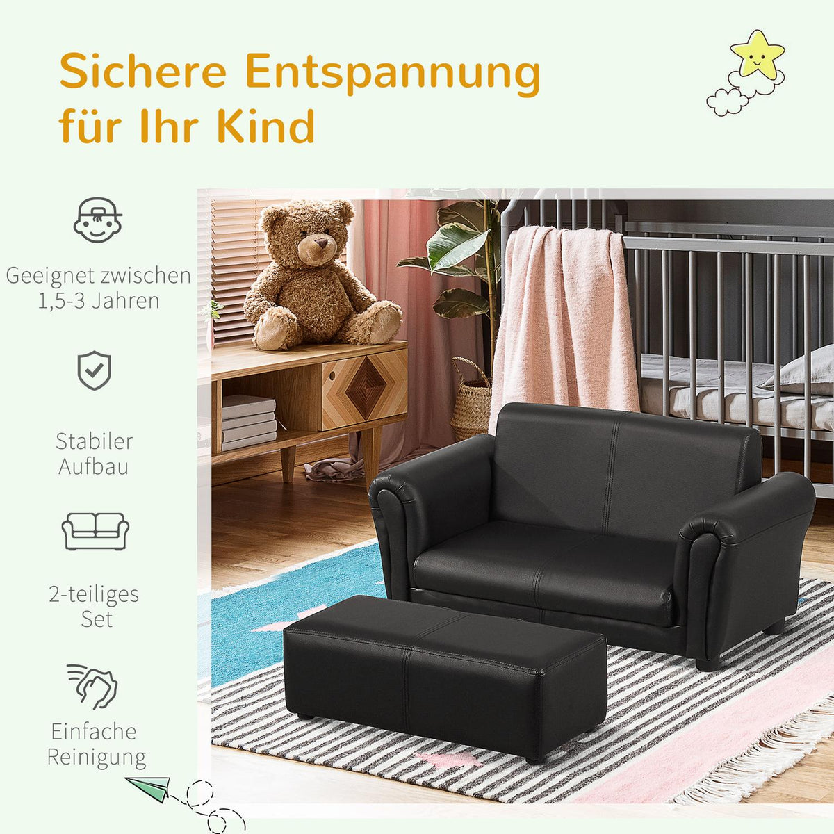 Children'S Armchair With Footstool, Children'S Couch & Stool In Black, Comfortable Sofa Armchair Set, 83X42X41Cm