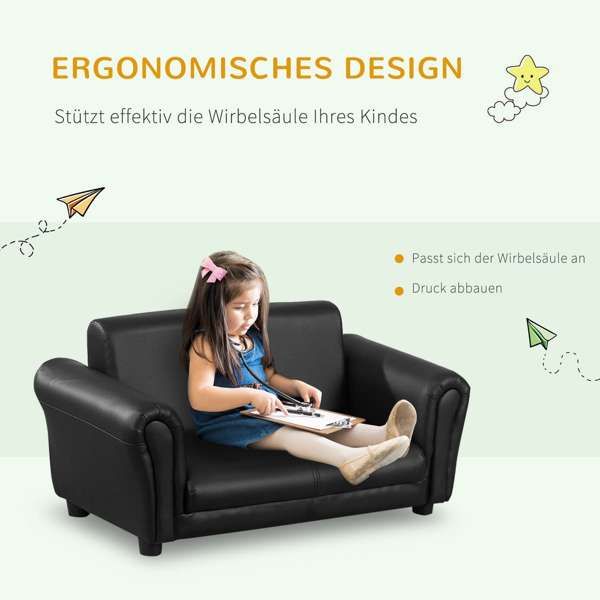 Children'S Armchair With Footstool, Children'S Couch & Stool In Black, Comfortable Sofa Armchair Set, 83X42X41Cm