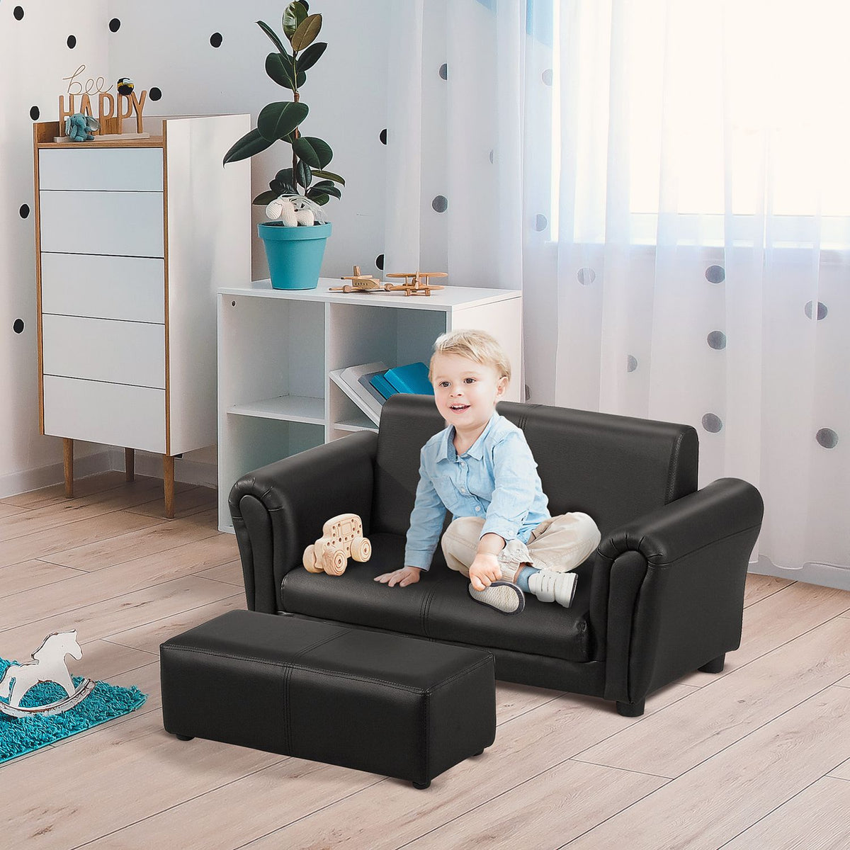 Children'S Armchair With Footstool, Children'S Couch & Stool In Black, Comfortable Sofa Armchair Set, 83X42X41Cm