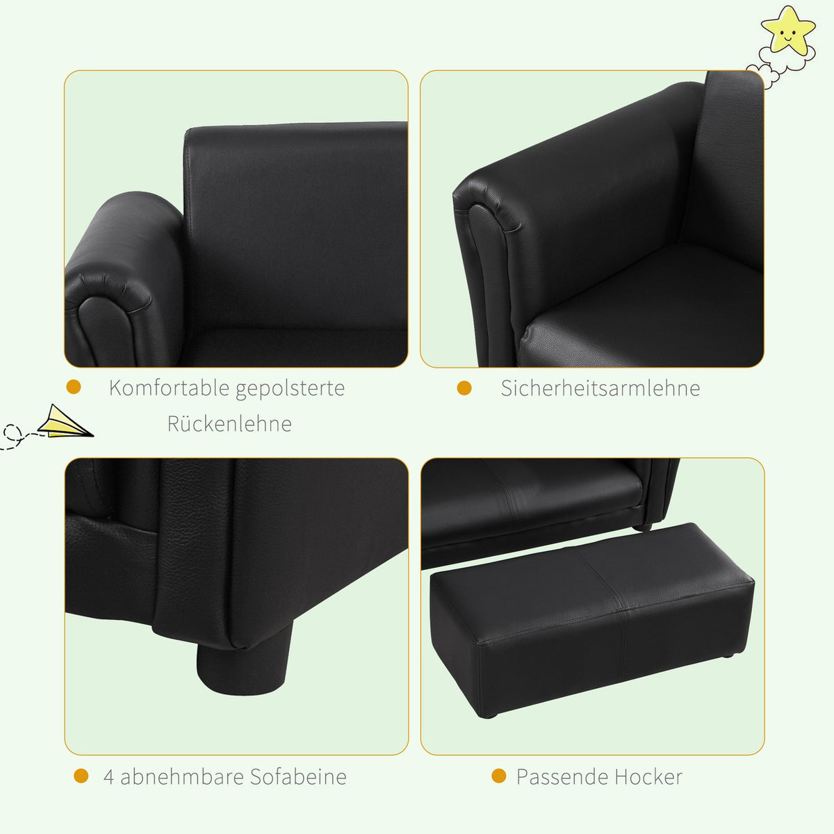 Children'S Armchair With Footstool, Children'S Couch & Stool In Black, Comfortable Sofa Armchair Set, 83X42X41Cm
