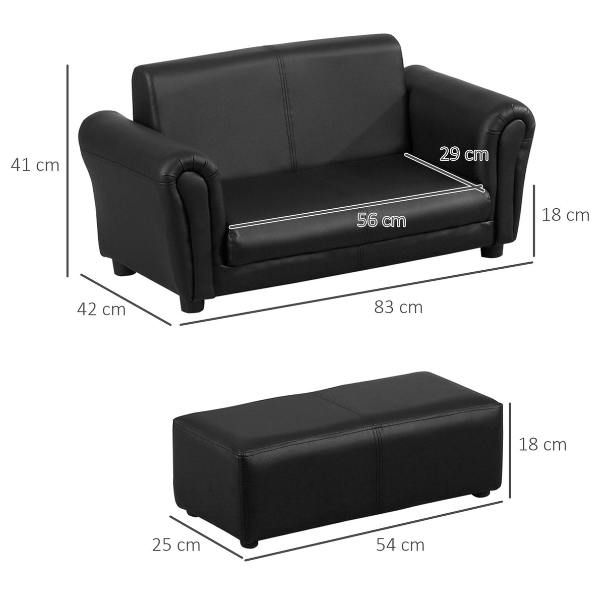 Children'S Armchair With Footstool, Children'S Couch & Stool In Black, Comfortable Sofa Armchair Set, 83X42X41Cm