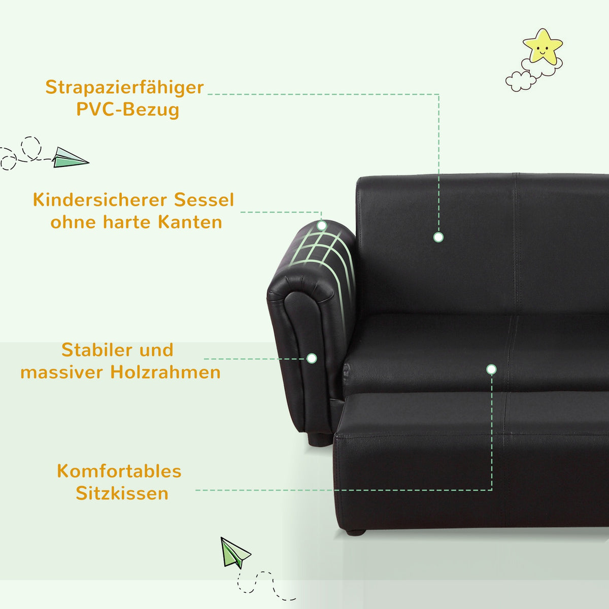 Children'S Armchair With Footstool, Children'S Couch & Stool In Black, Comfortable Sofa Armchair Set, 83X42X41Cm