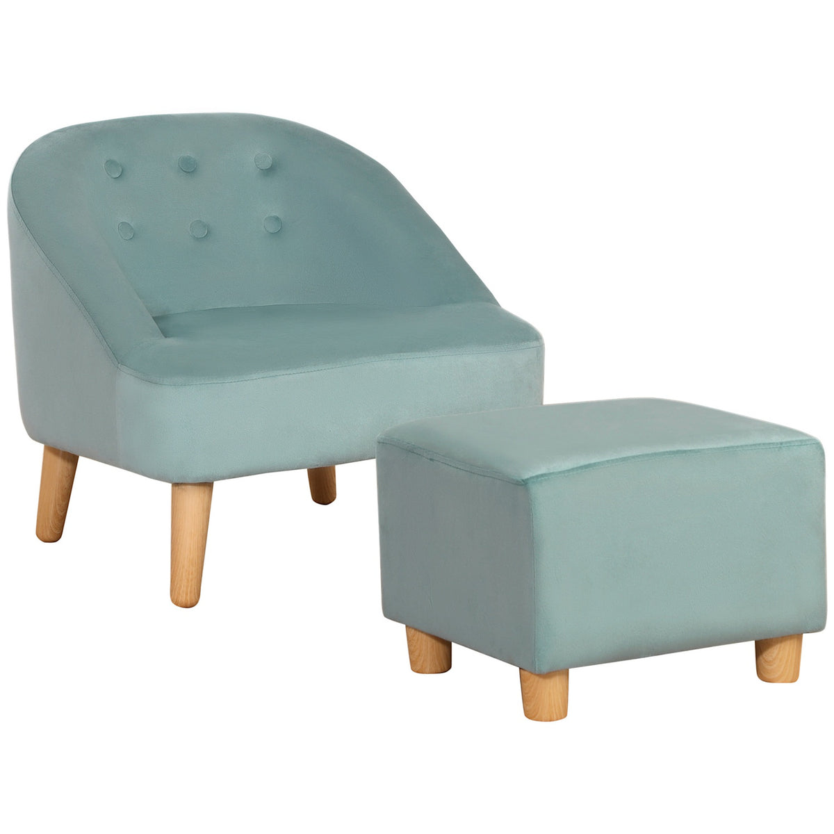 Children'S Armchair With Footstool, Comfortable Children'S Couch From 3 Years, Velvet Look, Eucalyptus Wood, Green, 51X51X50Cm