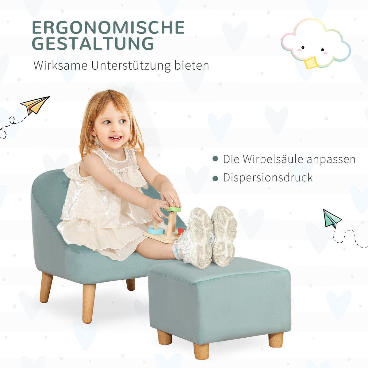 Children'S Armchair With Footstool, Comfortable Children'S Couch From 3 Years, Velvet Look, Eucalyptus Wood, Green, 51X51X50Cm