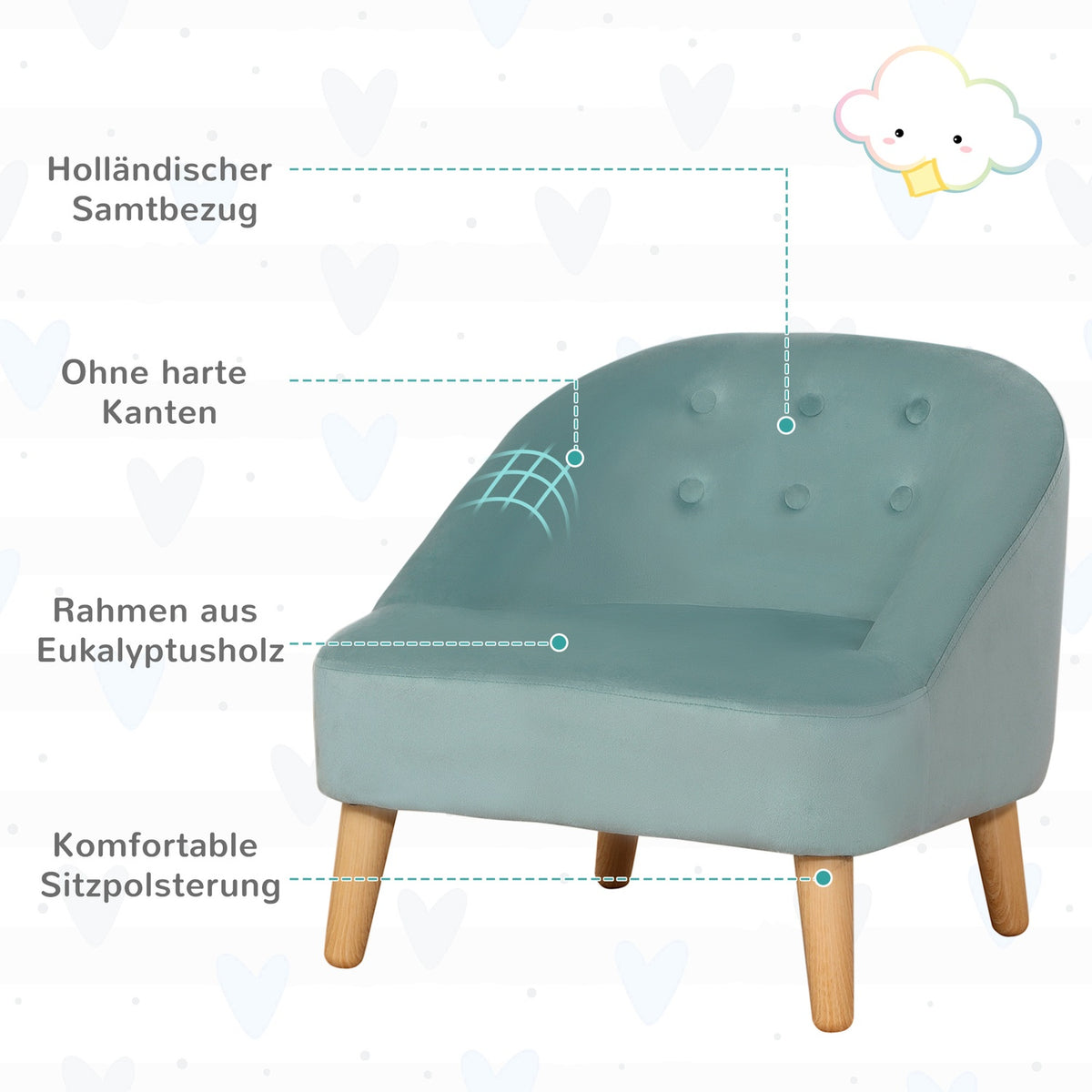 Children'S Armchair With Footstool, Comfortable Children'S Couch From 3 Years, Velvet Look, Eucalyptus Wood, Green, 51X51X50Cm