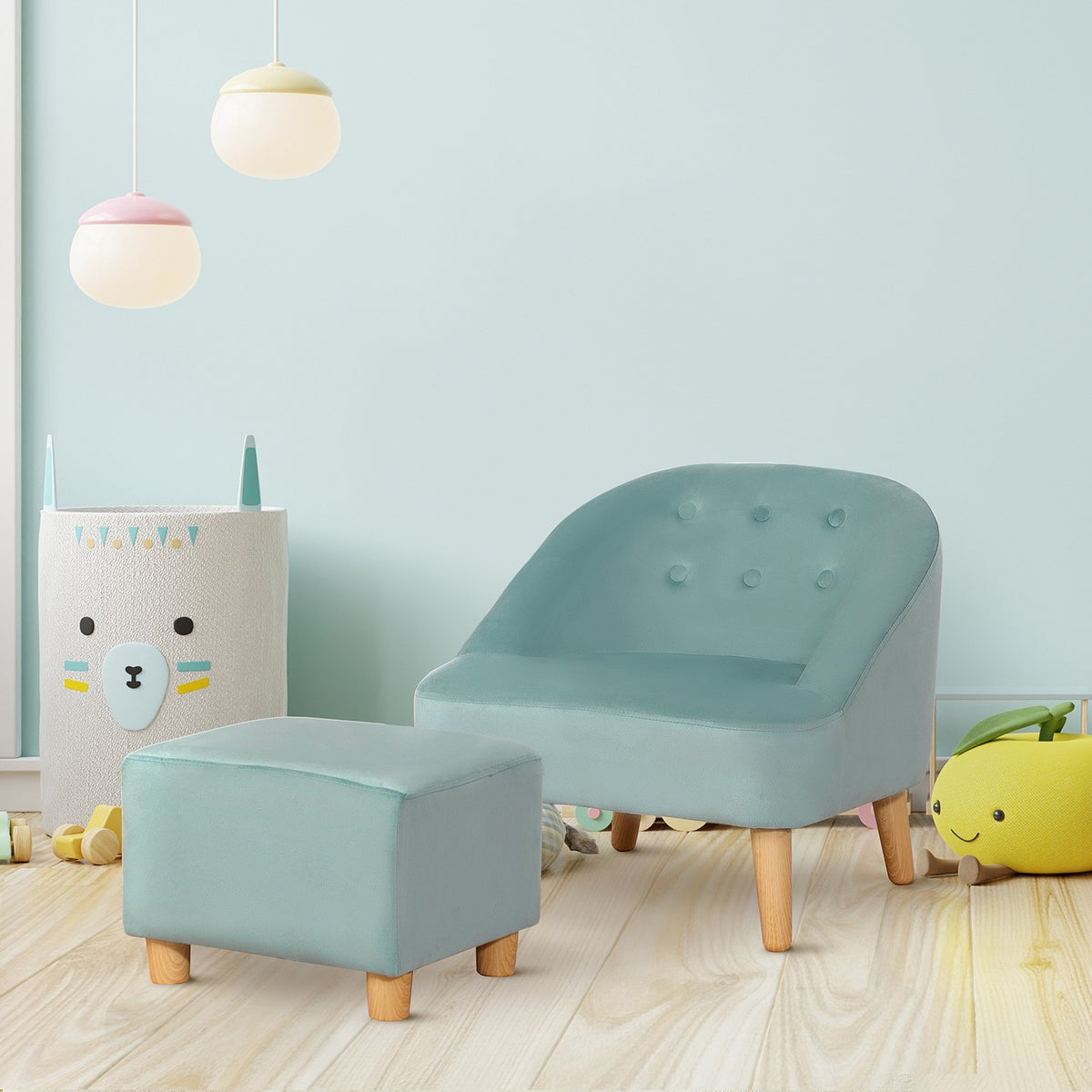 Children'S Armchair With Footstool, Comfortable Children'S Couch From 3 Years, Velvet Look, Eucalyptus Wood, Green, 51X51X50Cm