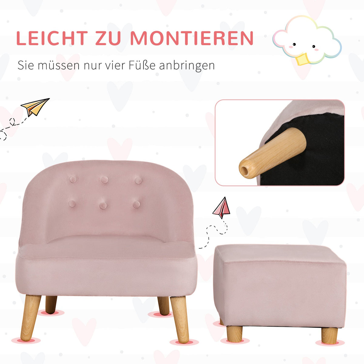 Children'S Armchair With Footstool, Comfortable Sofa For Children Aged 3 And Over, Velvet Look, Eucalyptus Wood, Pink, 51X51X50Cm