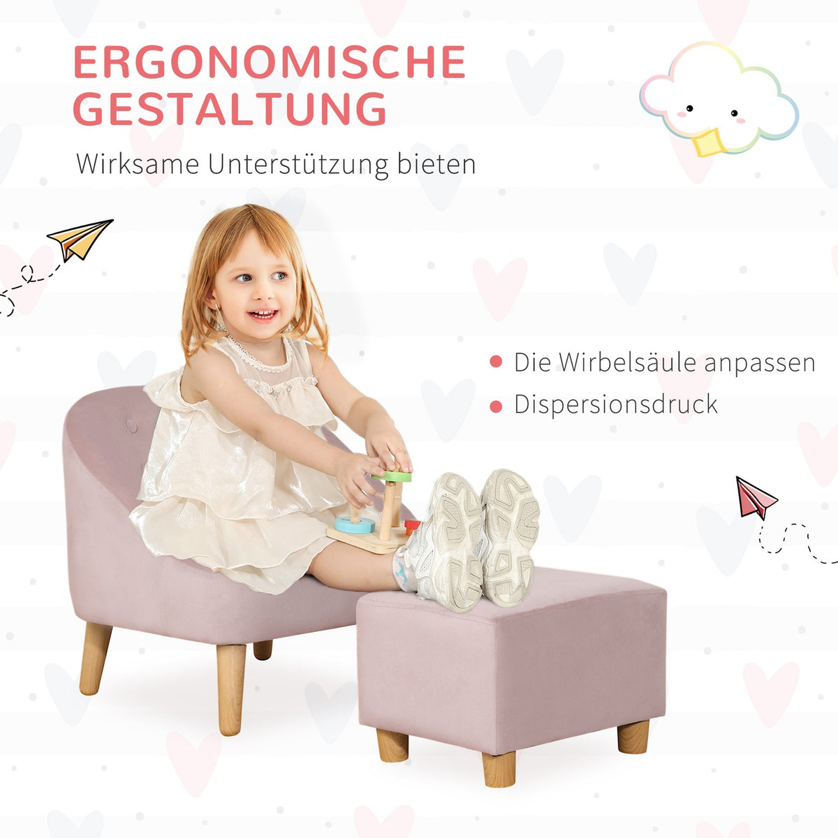 Children'S Armchair With Footstool, Comfortable Sofa For Children Aged 3 And Over, Velvet Look, Eucalyptus Wood, Pink, 51X51X50Cm