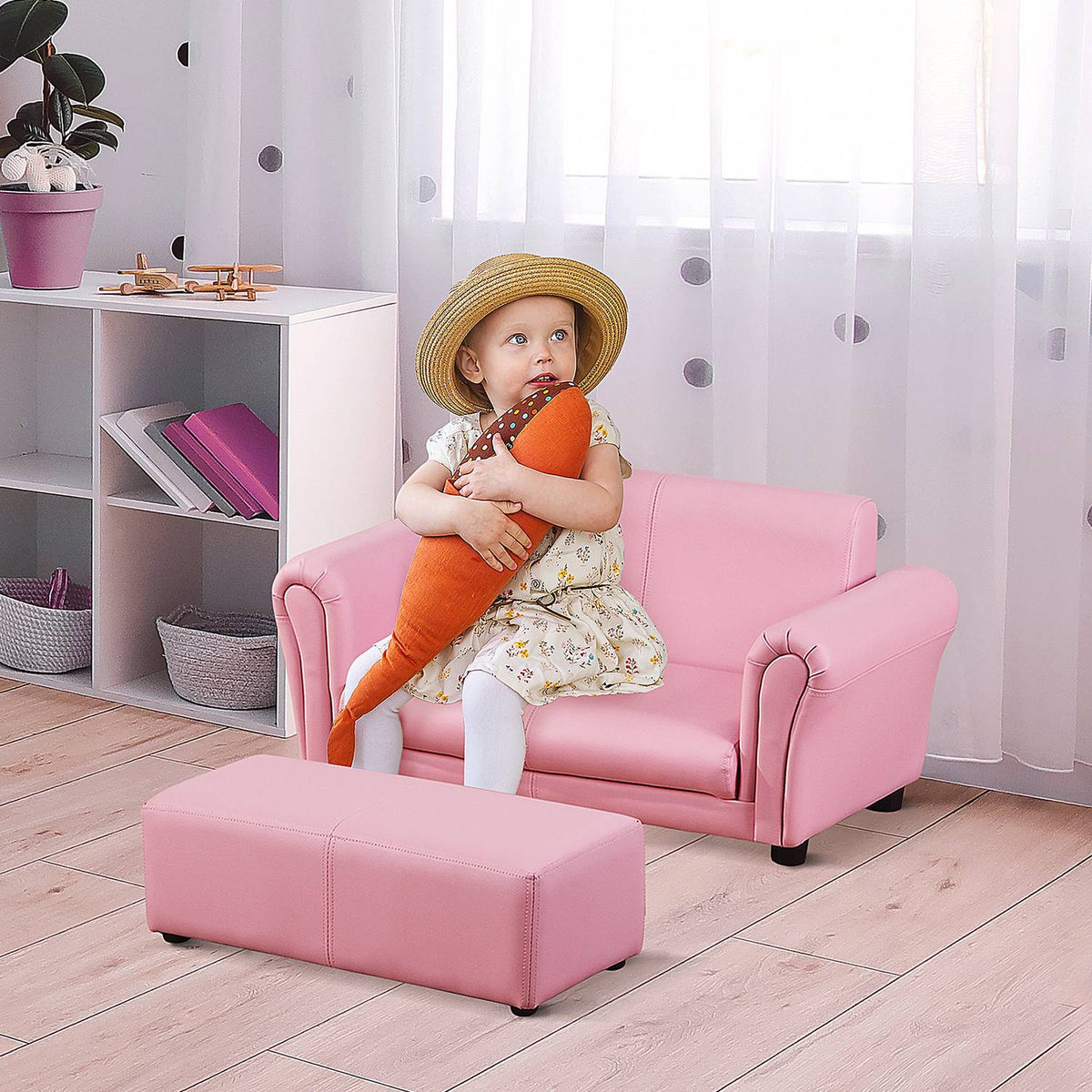Children'S Armchair With Footstool Pink Children'S Couch & Stool, Comfortable Sofa Armchair Set, 83X42X41Cm