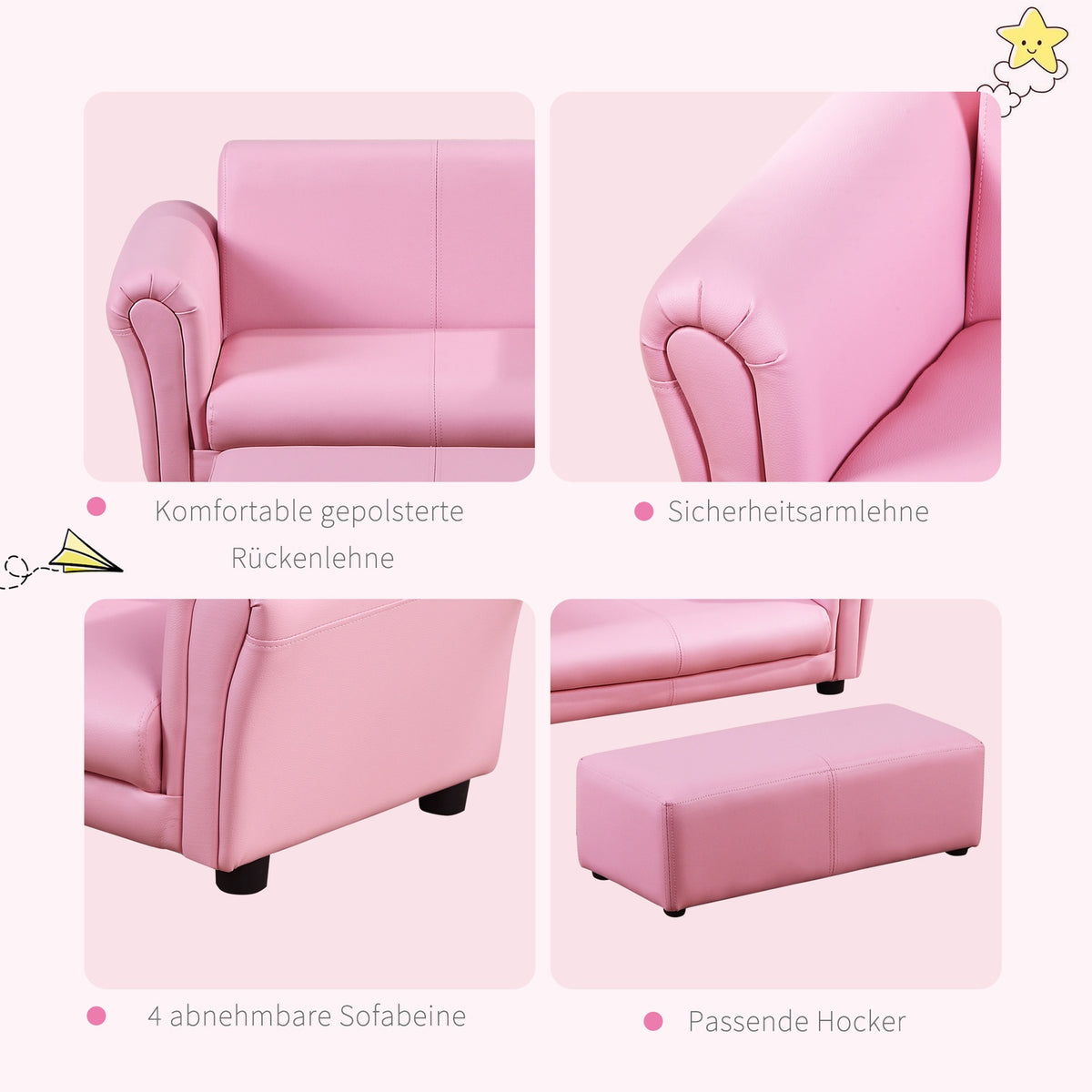 Children'S Armchair With Footstool Pink Children'S Couch & Stool, Comfortable Sofa Armchair Set, 83X42X41Cm