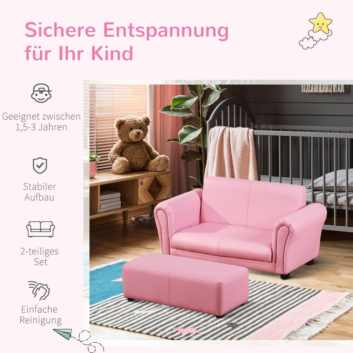 Children'S Armchair With Footstool Pink Children'S Couch & Stool, Comfortable Sofa Armchair Set, 83X42X41Cm