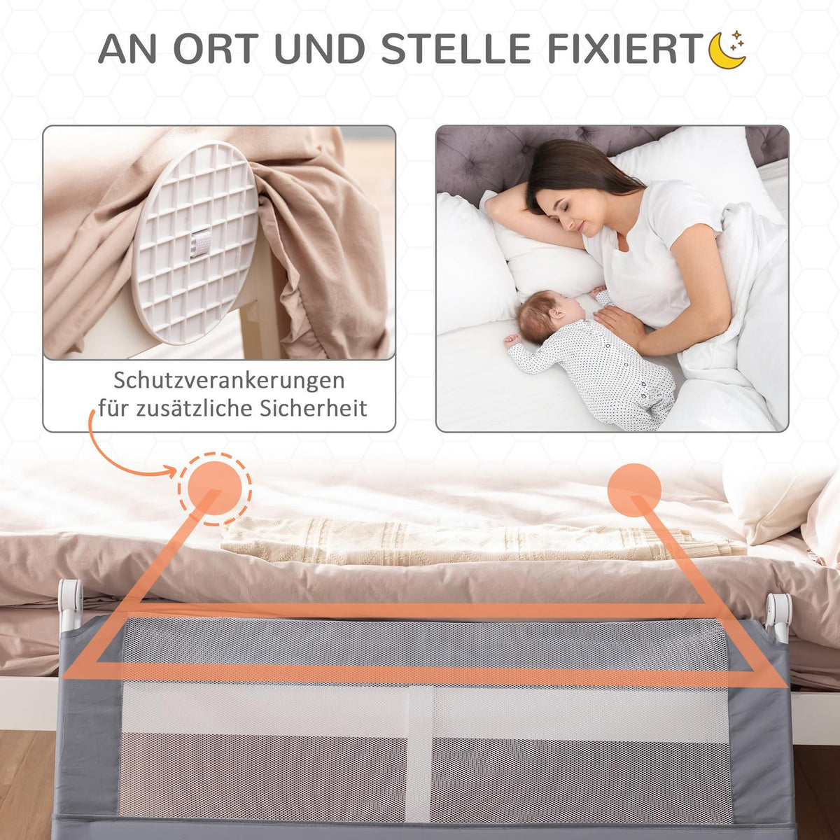 Children'S Bed Rail 120Cm Bed Guard, Fall Protection, Removable, Metal & Oxford Fabric, Grey