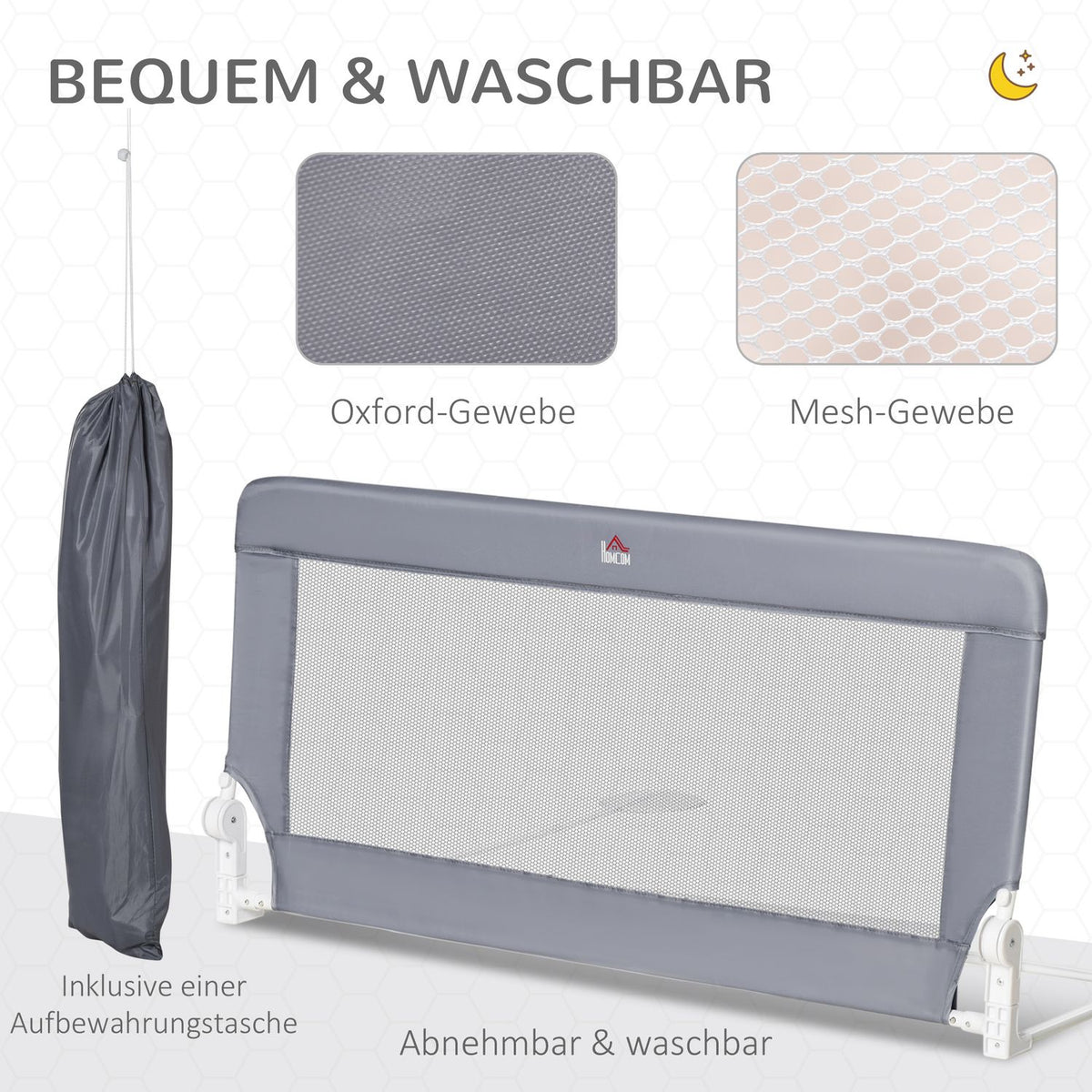 Children'S Bed Rail 120Cm Bed Guard, Fall Protection, Removable, Metal & Oxford Fabric, Grey