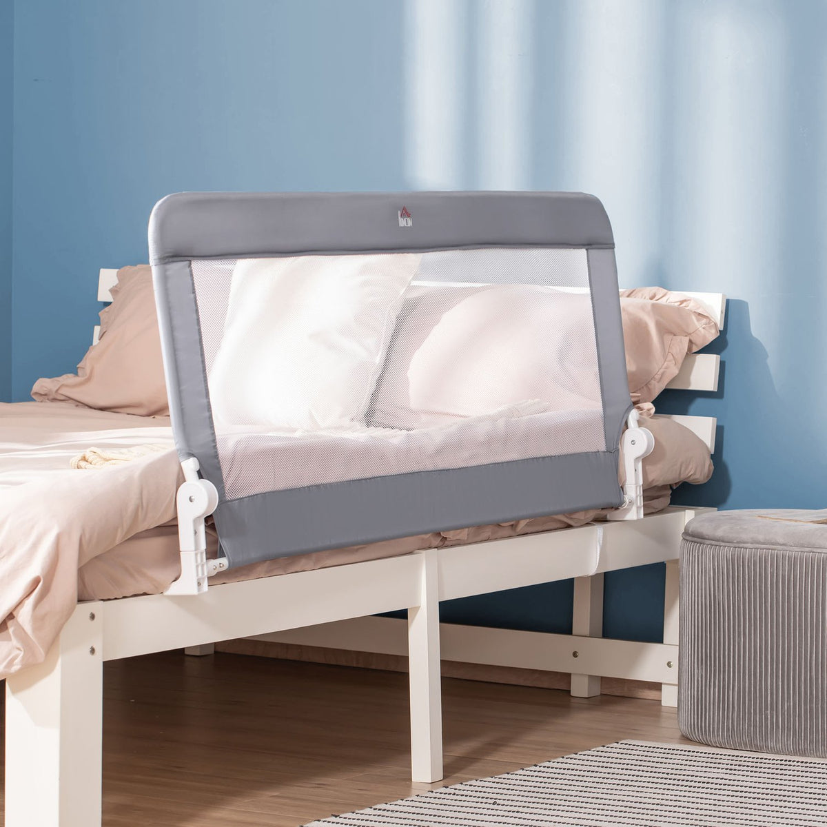 Children'S Bed Rail 120Cm Bed Guard, Fall Protection, Removable, Metal & Oxford Fabric, Grey