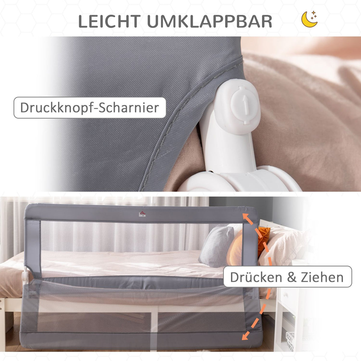 Children'S Bed Rail Fall Protection Removable Metal Oxford Fabric Gray 150Cm