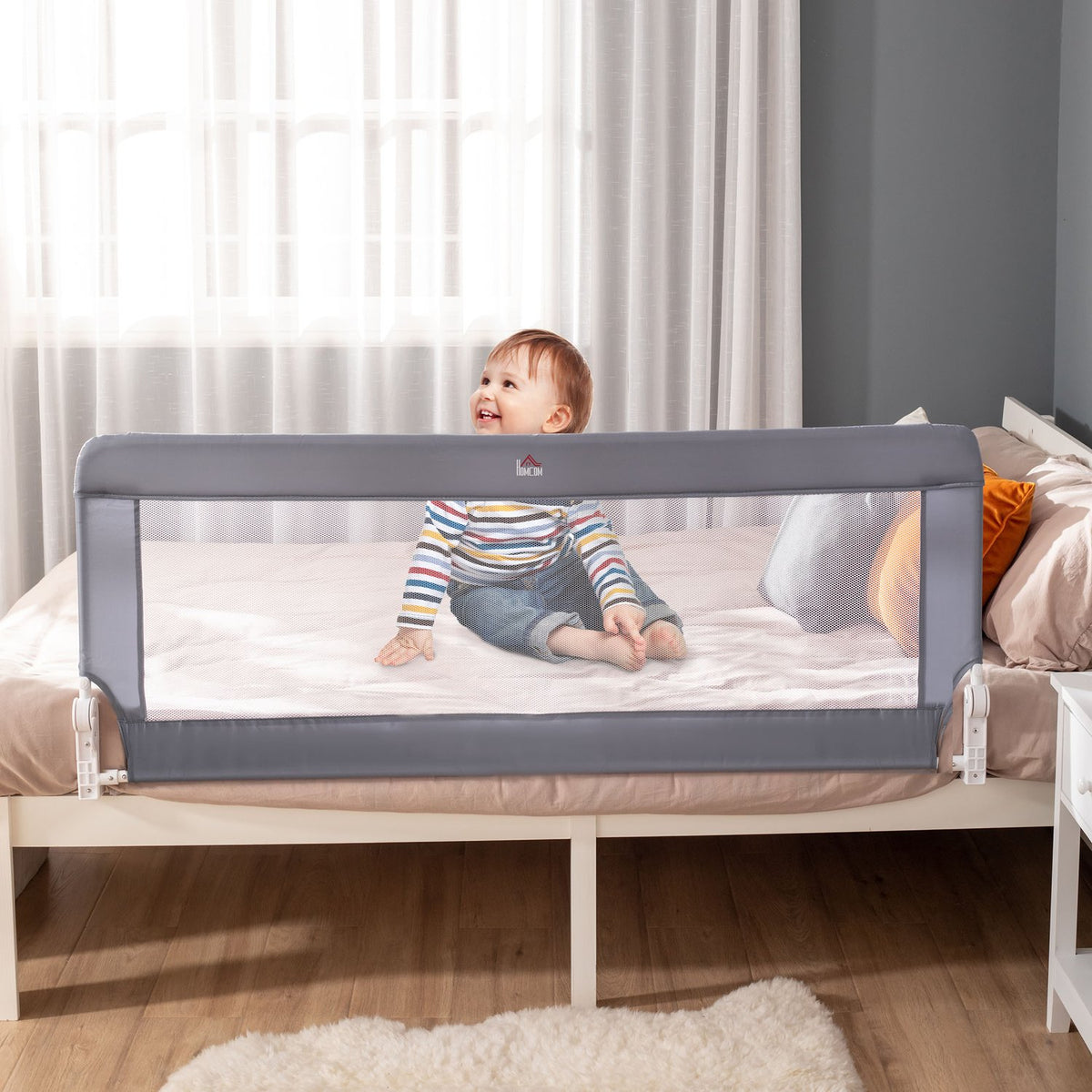 Children'S Bed Rail Fall Protection Removable Metal Oxford Fabric Gray 150Cm