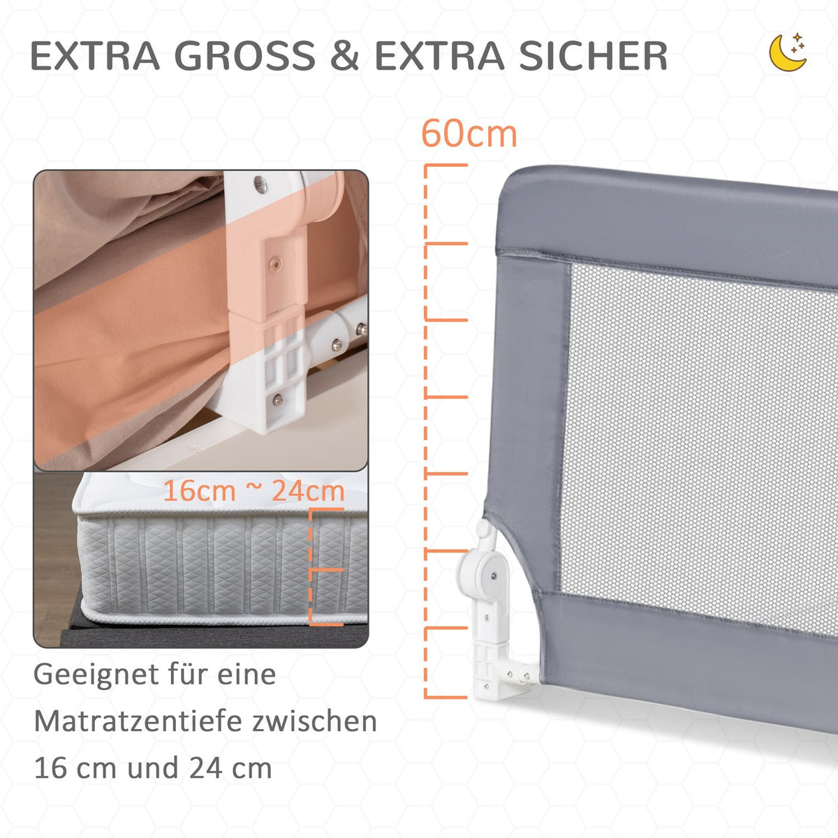 Children'S Bed Rail Fall Protection Removable Metal Oxford Fabric Gray 150Cm