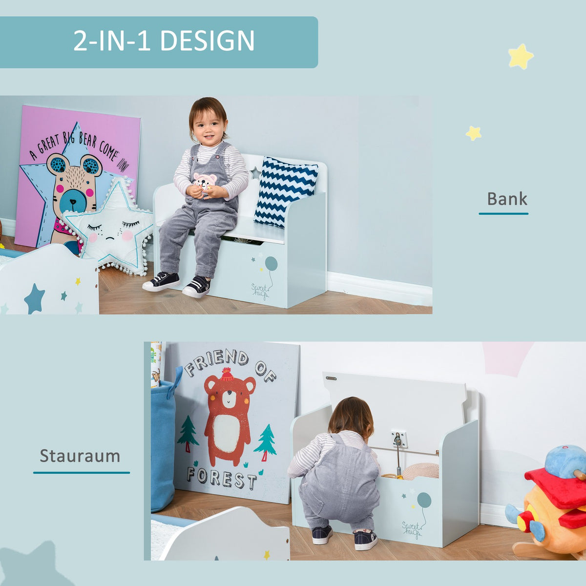 Children'S Bench With Storage Space 2-In-1 Chest Bench And Toy Box, Light Blue, For 3-6 Years, 60X30X50Cm