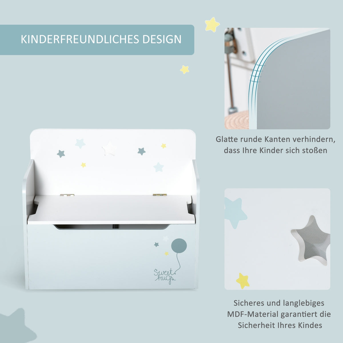 Children'S Bench With Storage Space 2-In-1 Chest Bench And Toy Box, Light Blue, For 3-6 Years, 60X30X50Cm