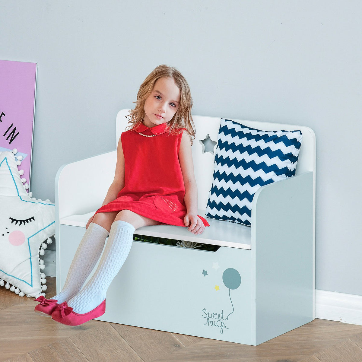 Children'S Bench With Storage Space 2-In-1 Chest Bench And Toy Box, Light Blue, For 3-6 Years, 60X30X50Cm