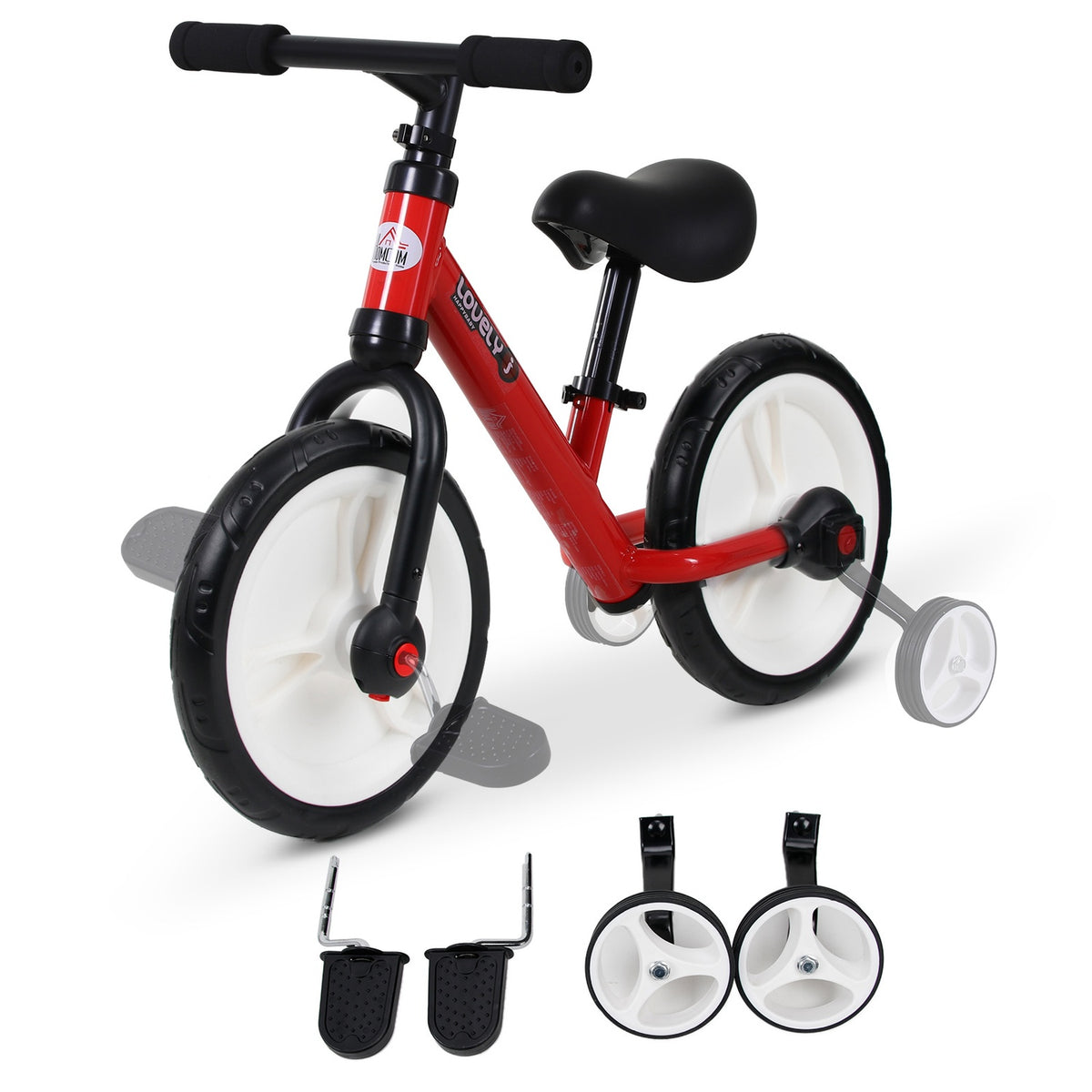 Children'S Bicycle Balance Bike With Training Wheels And Pedals, 2-5 Years, Seat Height Adjustable, Pp, Red