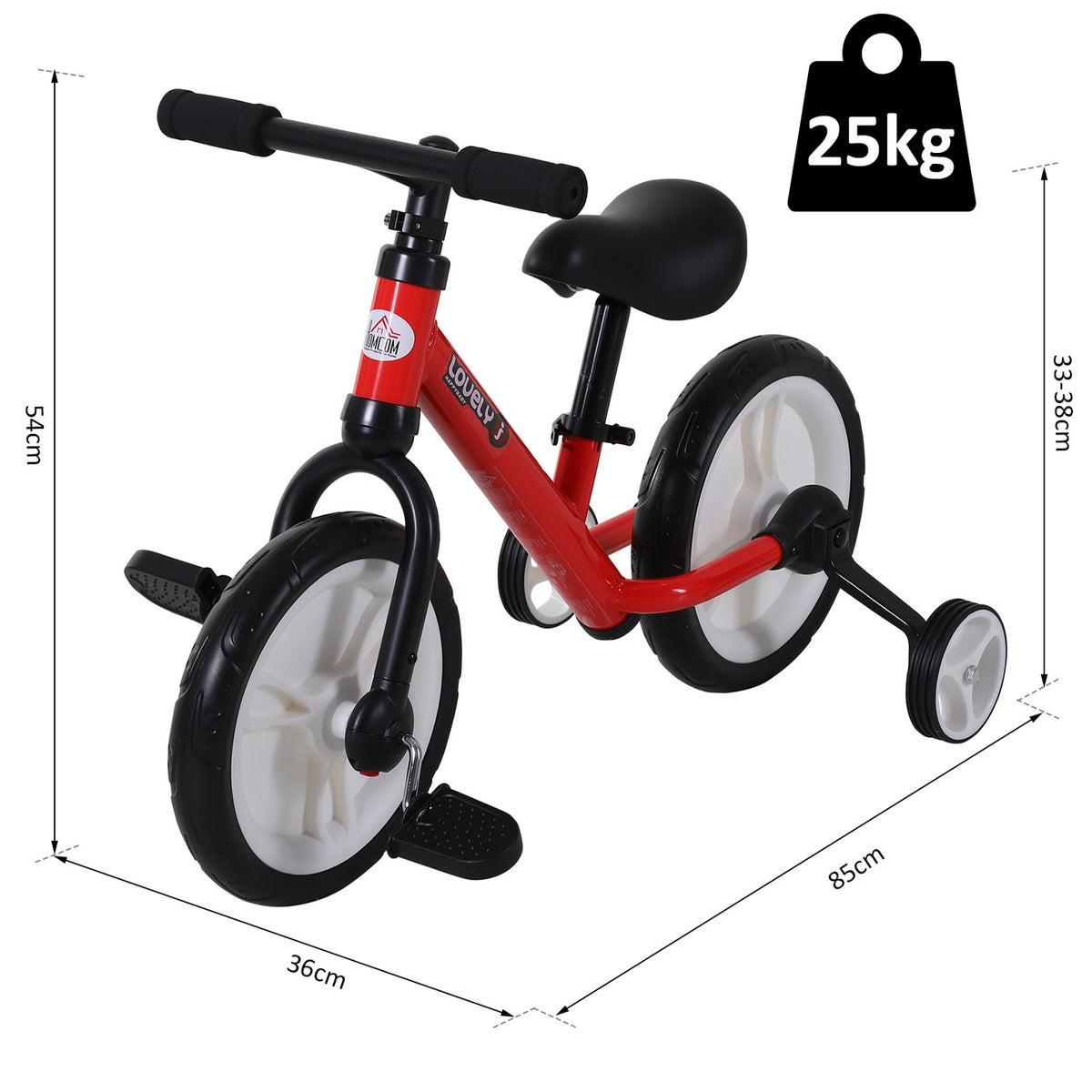 Children'S Bicycle Balance Bike With Training Wheels And Pedals, 2-5 Years, Seat Height Adjustable, Pp, Red