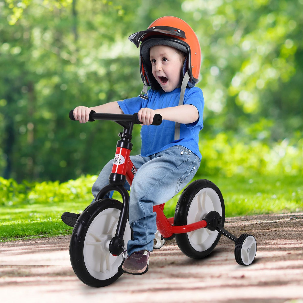 Children'S Bicycle Balance Bike With Training Wheels And Pedals, 2-5 Years, Seat Height Adjustable, Pp, Red