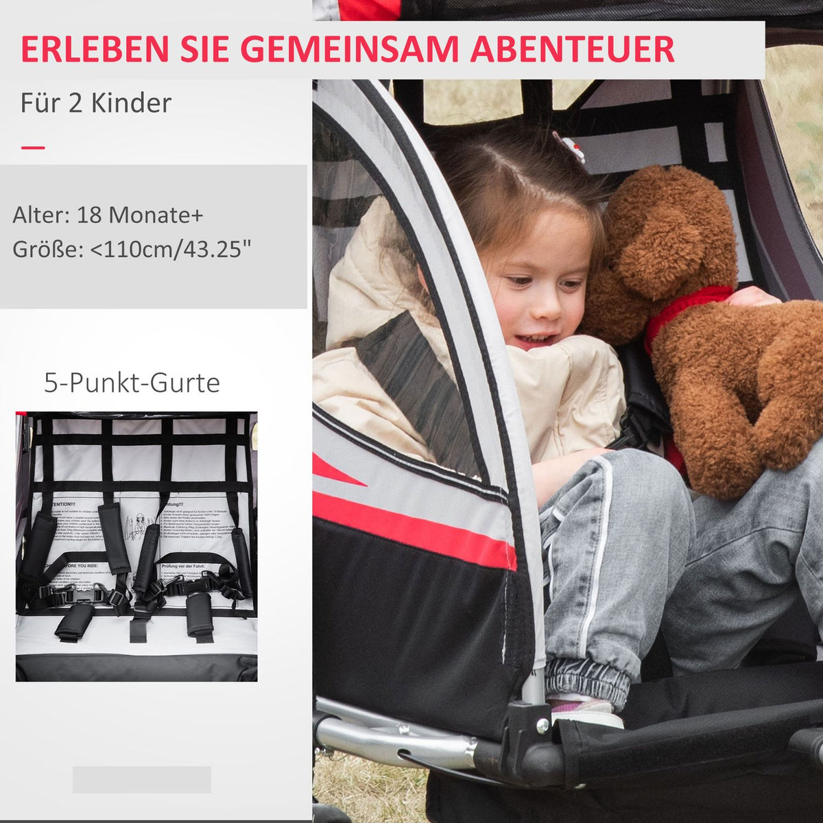Children'S Bike Trailer 2 In 1 Suspension, Mesh Door, 360° Rotating Front Wheel, Brake, Red+Black, 142X75X101Cm