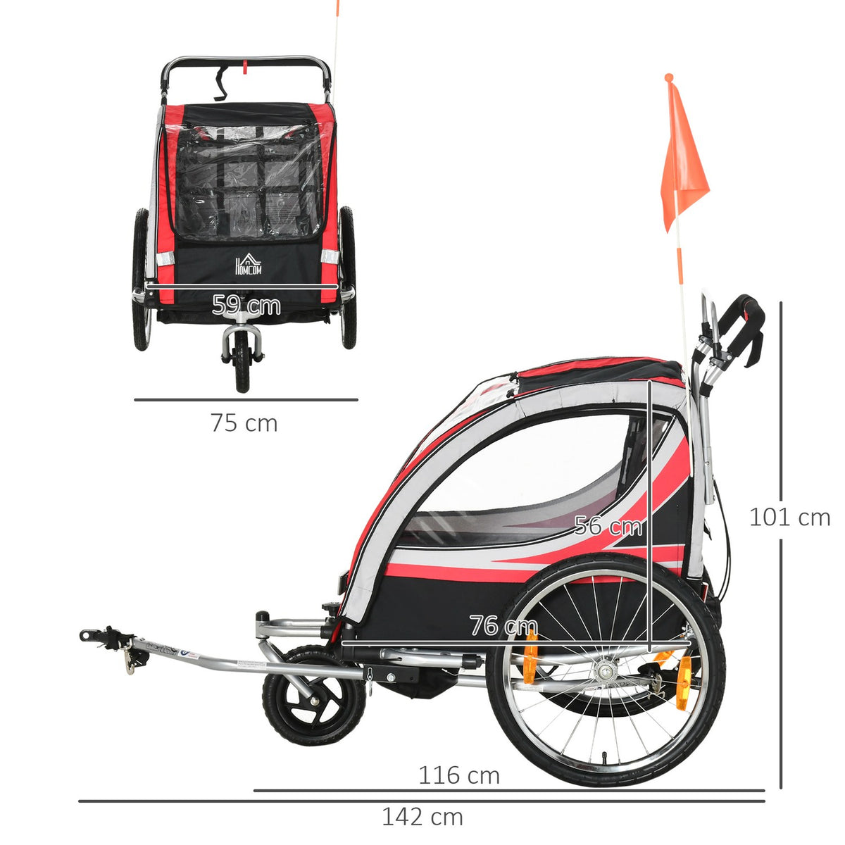 Children'S Bike Trailer 2 In 1 Suspension, Mesh Door, 360° Rotating Front Wheel, Brake, Red+Black, 142X75X101Cm