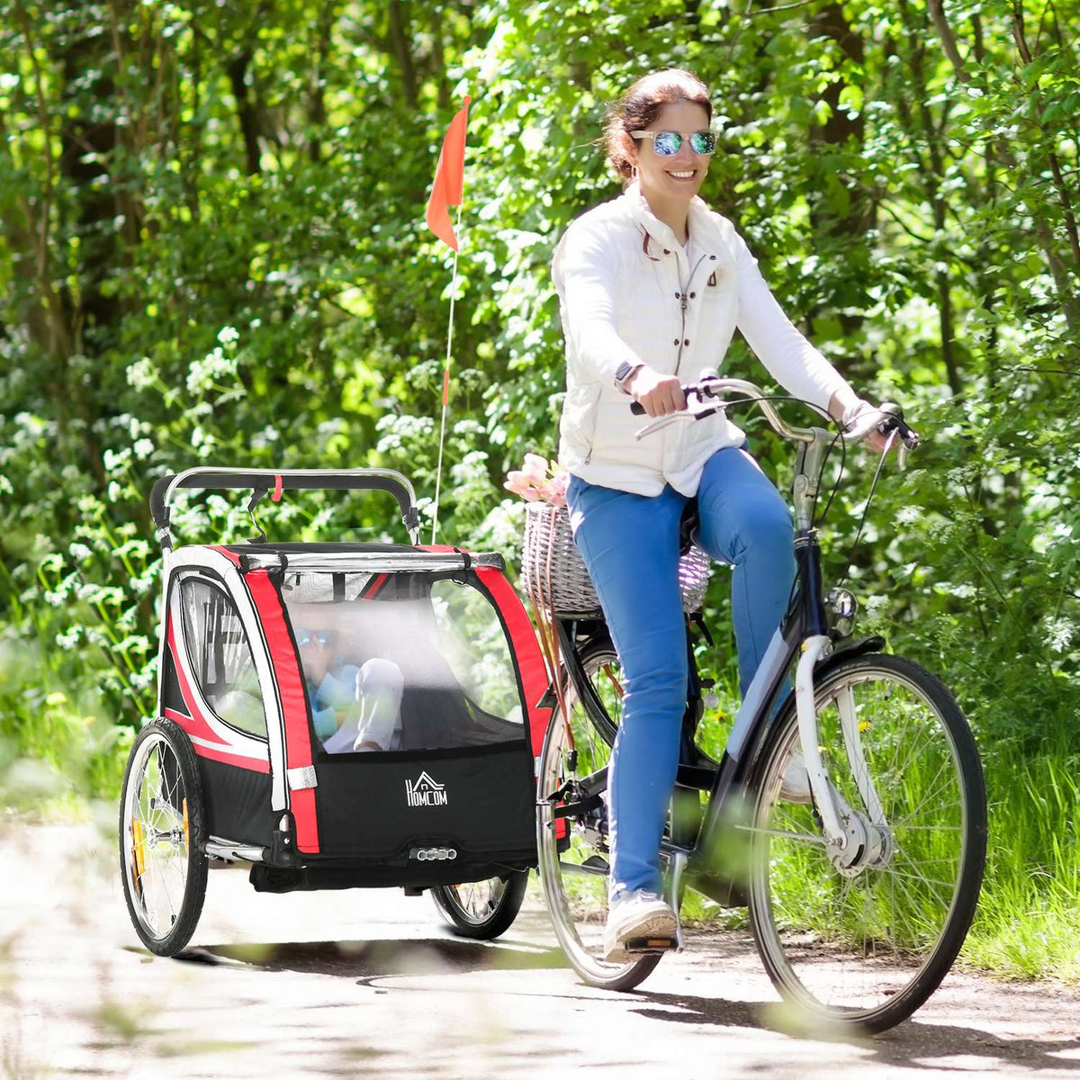 Children'S Bike Trailer 2 In 1 Suspension, Mesh Door, 360° Rotating Front Wheel, Brake, Red+Black, 142X75X101Cm