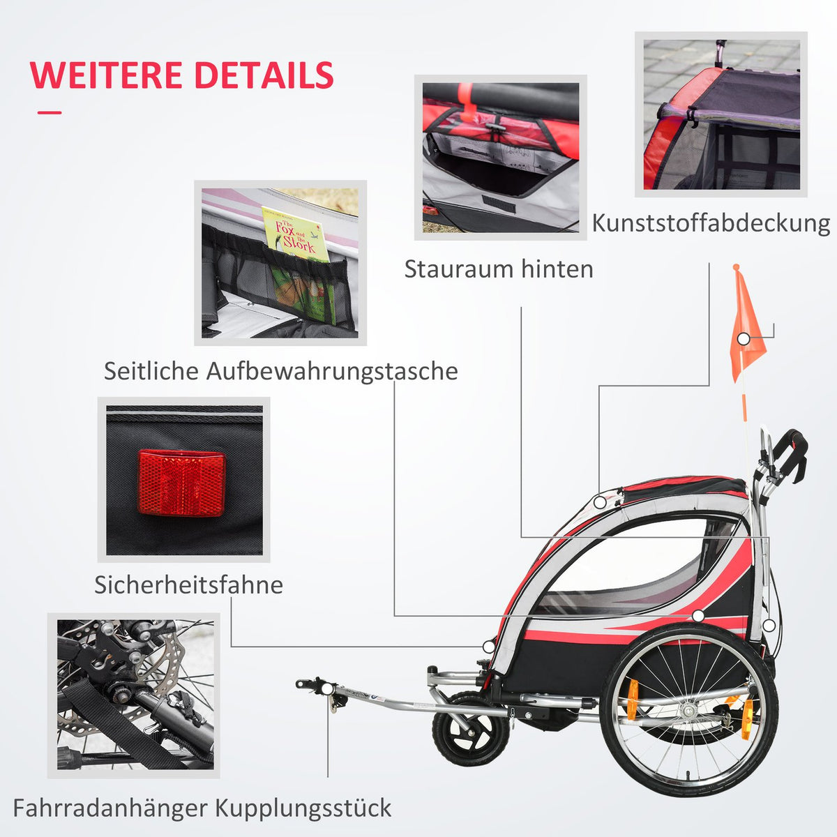 Children'S Bike Trailer 2 In 1 Suspension, Mesh Door, 360° Rotating Front Wheel, Brake, Red+Black, 142X75X101Cm