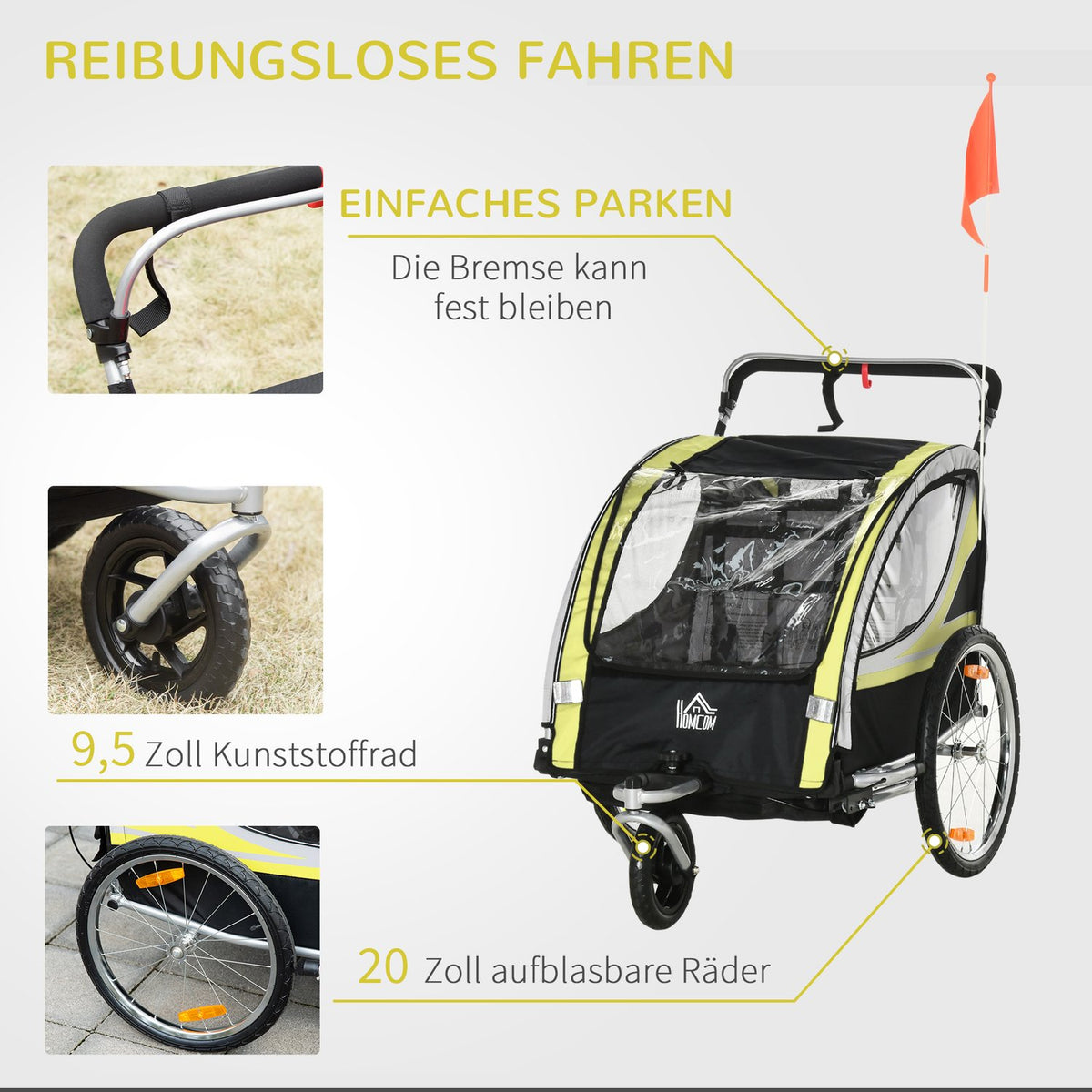 Children'S Bike Trailer 2 In 1 Suspension, Mesh Door, 360° Rotating Front Wheel, Brake, Yellow+Black, 142X75X101Cm