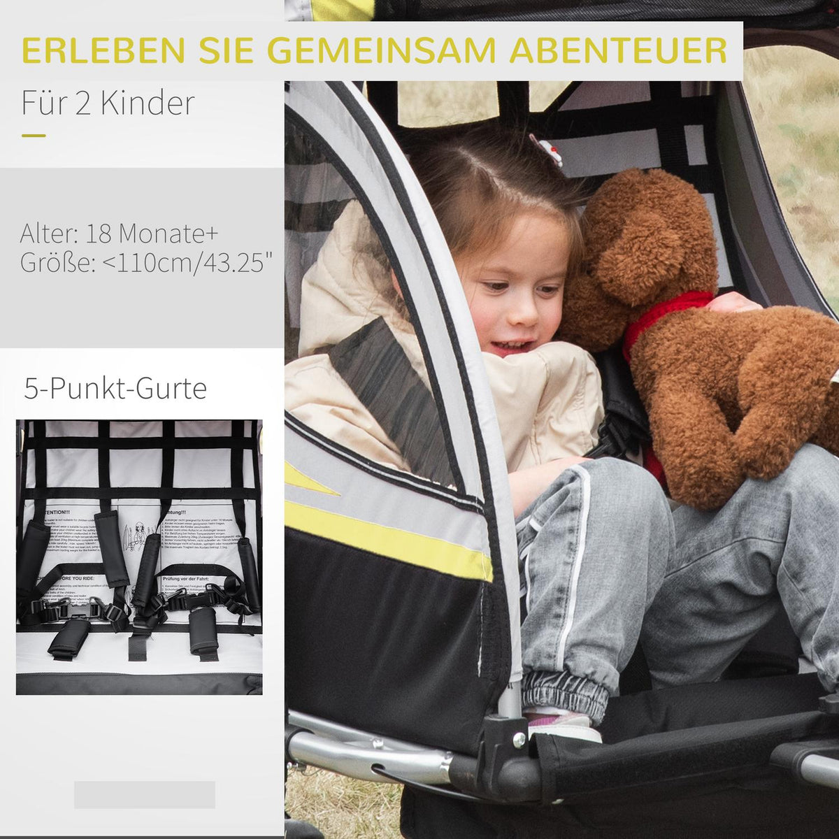 Children'S Bike Trailer 2 In 1 Suspension, Mesh Door, 360° Rotating Front Wheel, Brake, Yellow+Black, 142X75X101Cm
