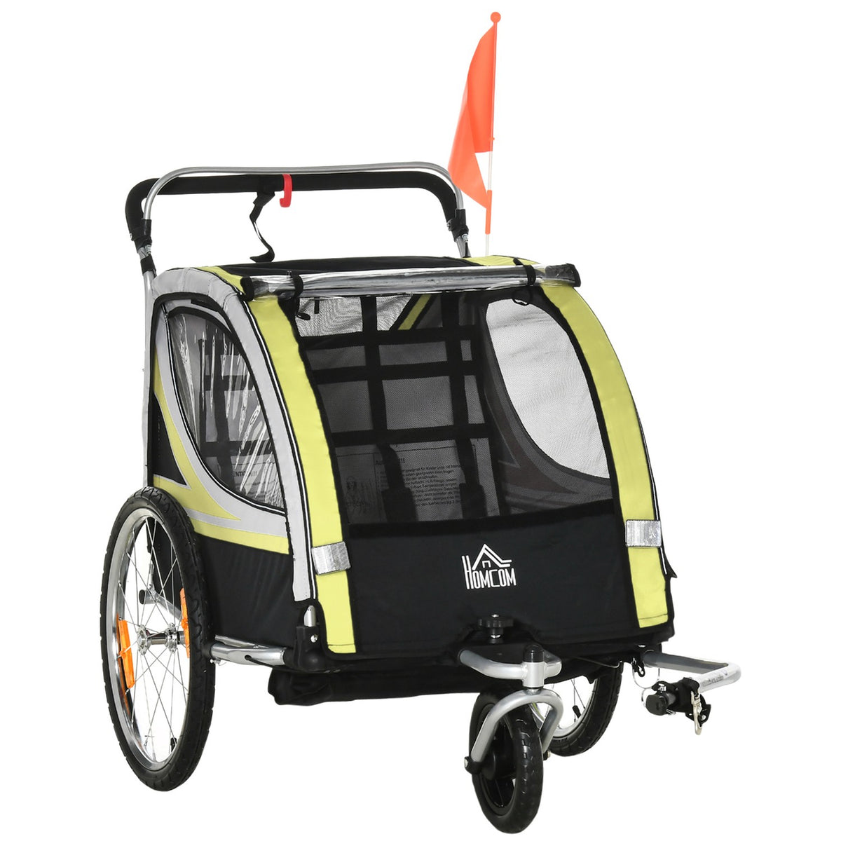 Children'S Bike Trailer 2 In 1 Suspension, Mesh Door, 360° Rotating Front Wheel, Brake, Yellow+Black, 142X75X101Cm