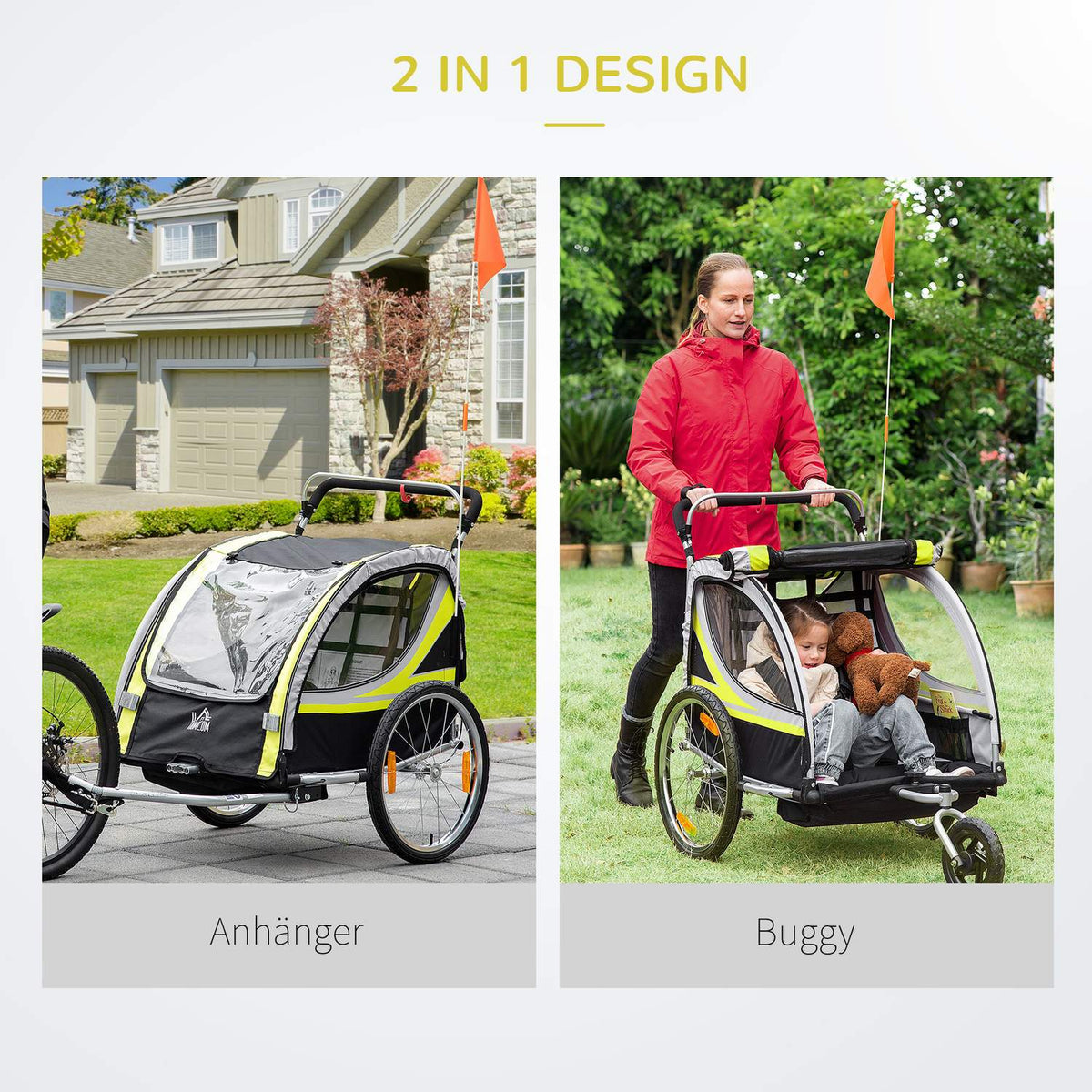 Children'S Bike Trailer 2 In 1 Suspension, Mesh Door, 360° Rotating Front Wheel, Brake, Yellow+Black, 142X75X101Cm