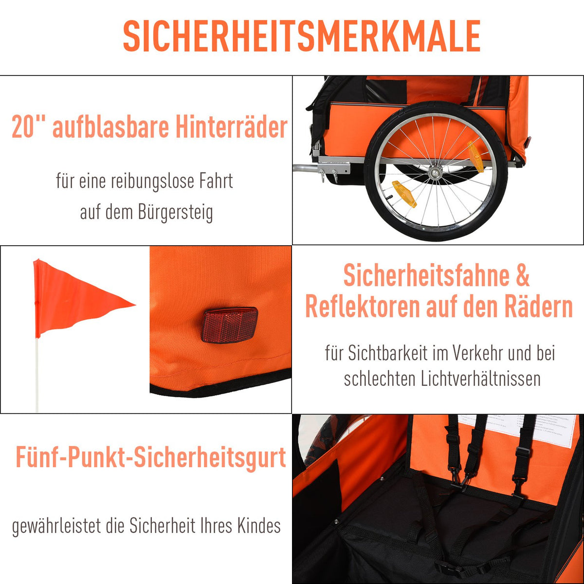 Children'S Bike Trailer For 2 Children, Steel Frame, Safety Belt, Oxford Fabric, Orange+Black, 130X76X88Cm