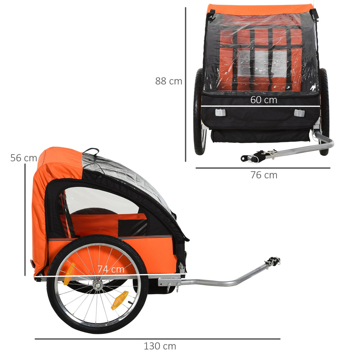 Children'S Bike Trailer For 2 Children, Steel Frame, Safety Belt, Oxford Fabric, Orange+Black, 130X76X88Cm