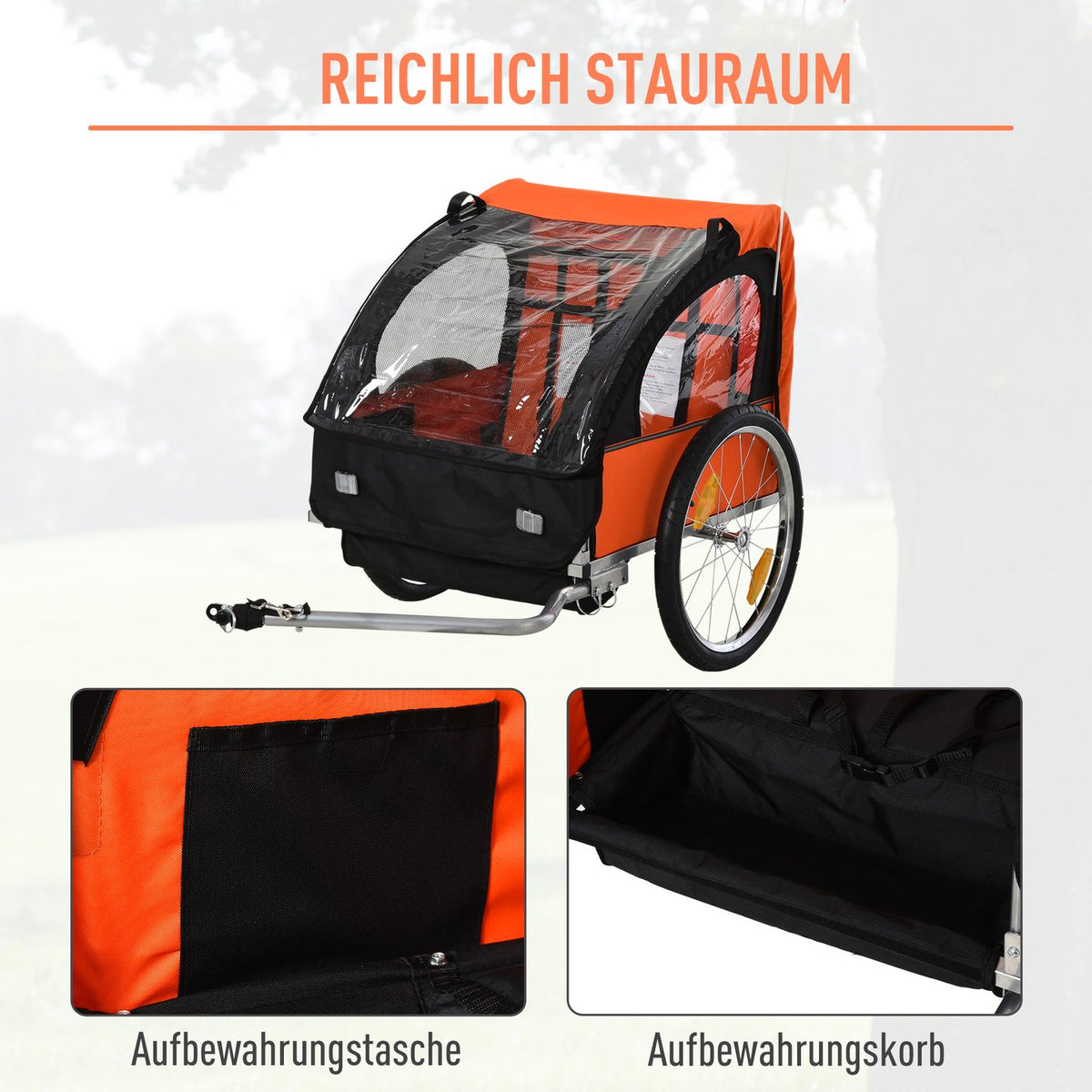 Children'S Bike Trailer For 2 Children, Steel Frame, Safety Belt, Oxford Fabric, Orange+Black, 130X76X88Cm