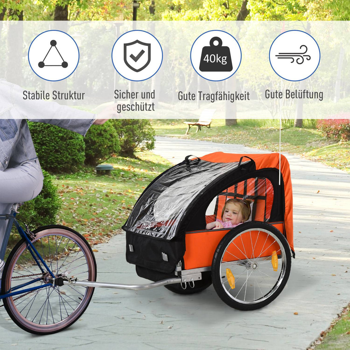 Children'S Bike Trailer For 2 Children, Steel Frame, Safety Belt, Oxford Fabric, Orange+Black, 130X76X88Cm