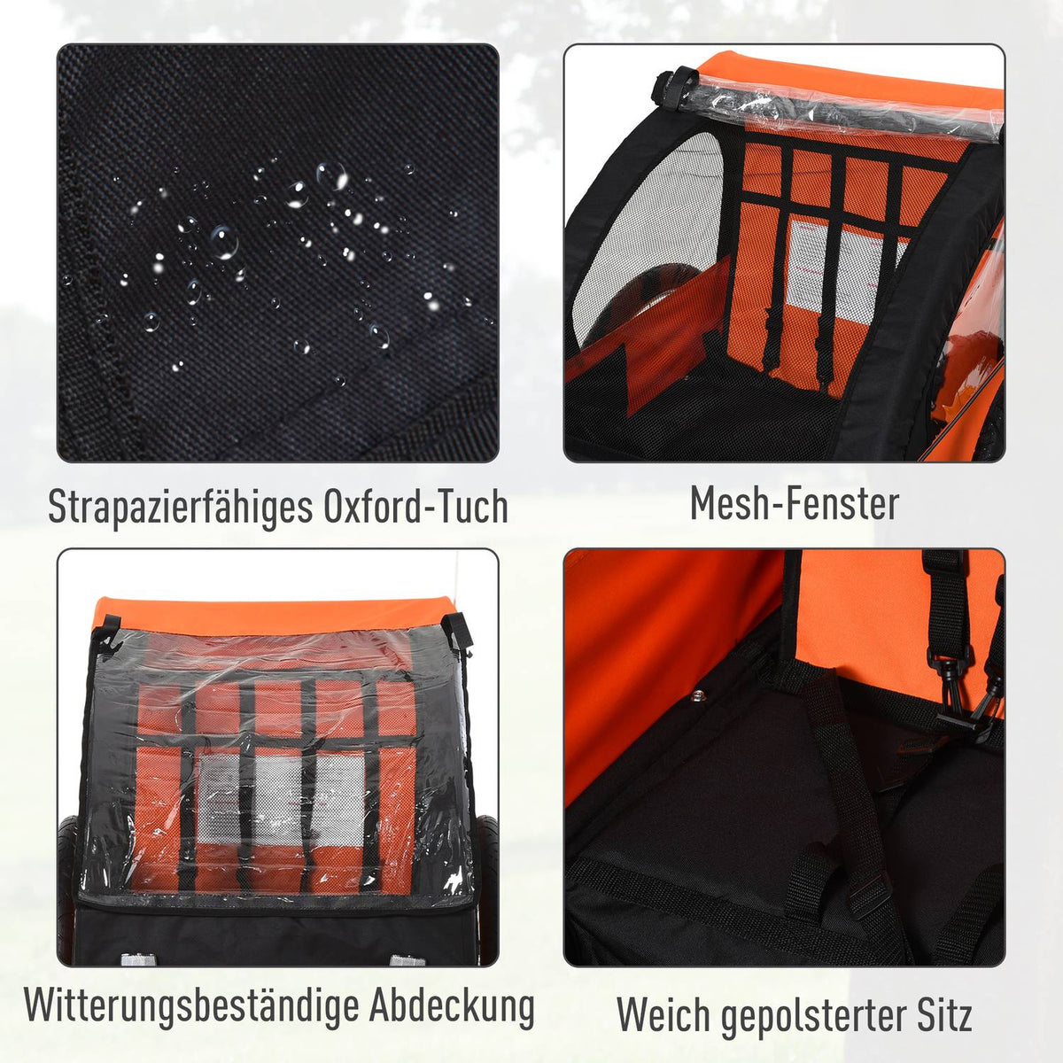 Children'S Bike Trailer For 2 Children, Steel Frame, Safety Belt, Oxford Fabric, Orange+Black, 130X76X88Cm