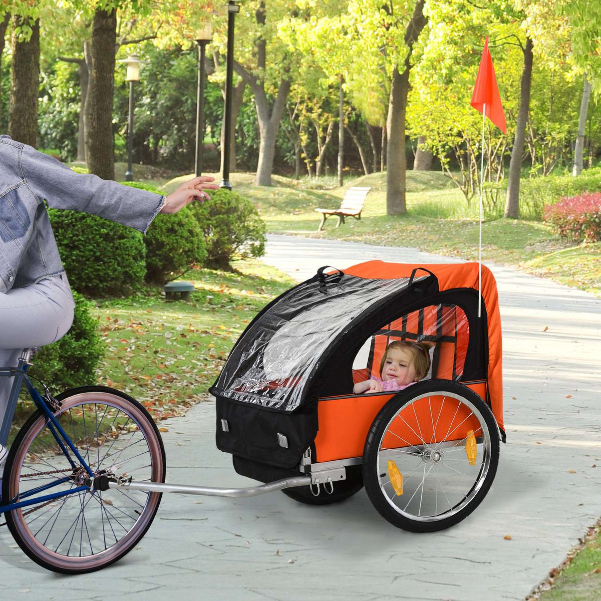 Children'S Bike Trailer For 2 Children, Steel Frame, Safety Belt, Oxford Fabric, Orange+Black, 130X76X88Cm