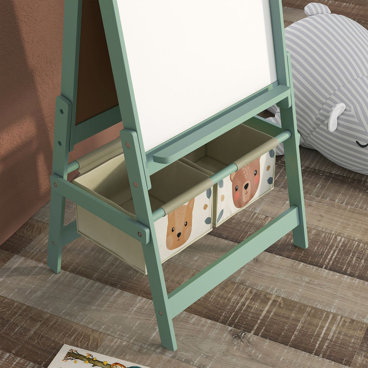 Children'S Board, 3 In 1 Children'S Easel, Double-Sided Children'S Game Board, Whiteboard & Chalk Board, Standing Board With Paper Roll, 2 Storage Boxes, Other Accessories